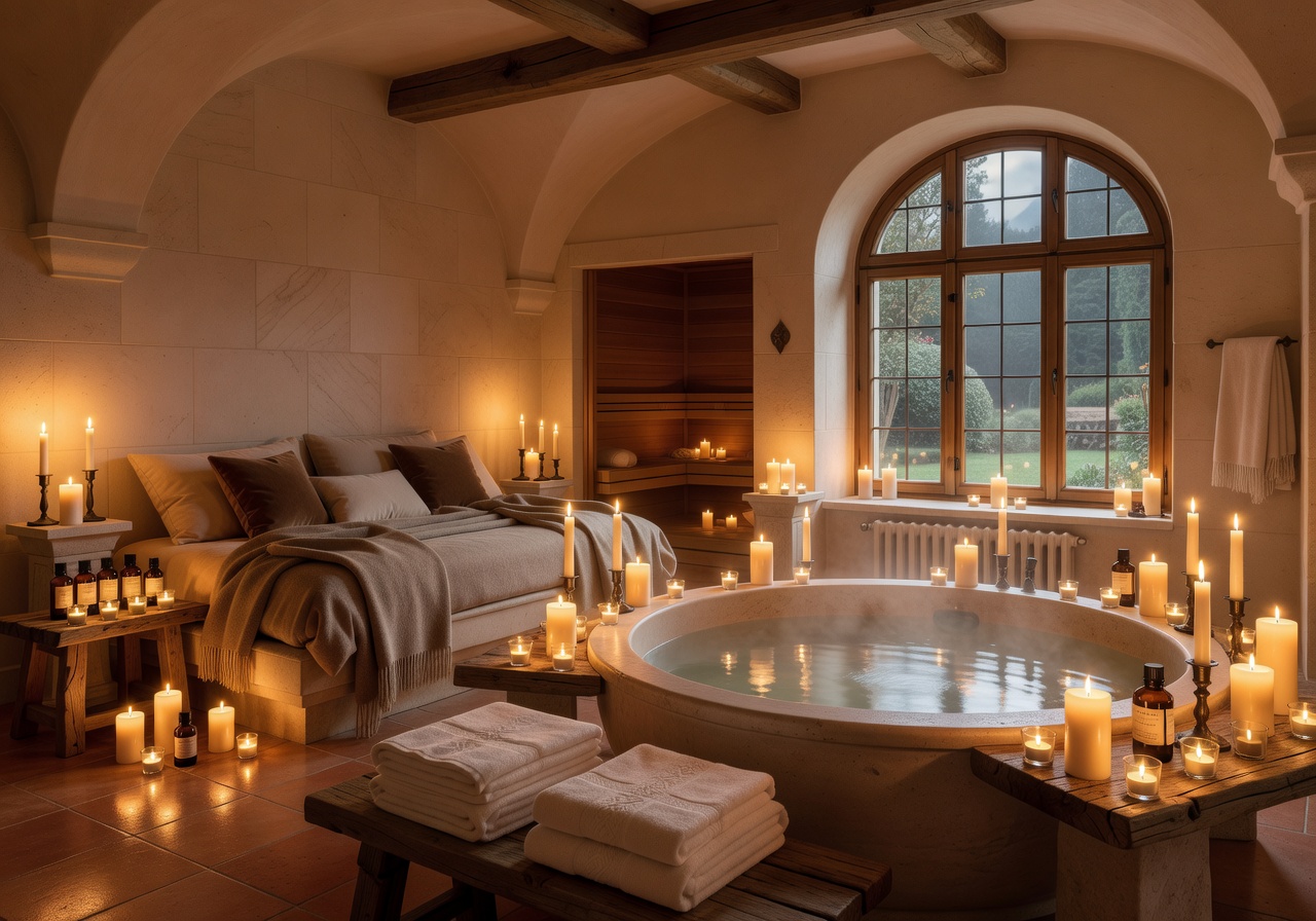 European luxury spa candlelit wellness suite
