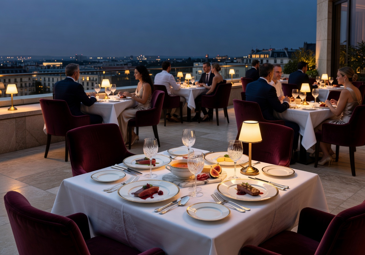 Luxury rooftop dining European cuisine